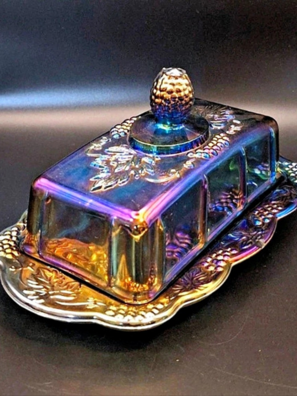 Indiana Glass Harvest Grape Blue Carnival Glass Covered Butter Dish